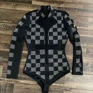 Windsor Black and Silver Rhinestone Checkered Bodysuit